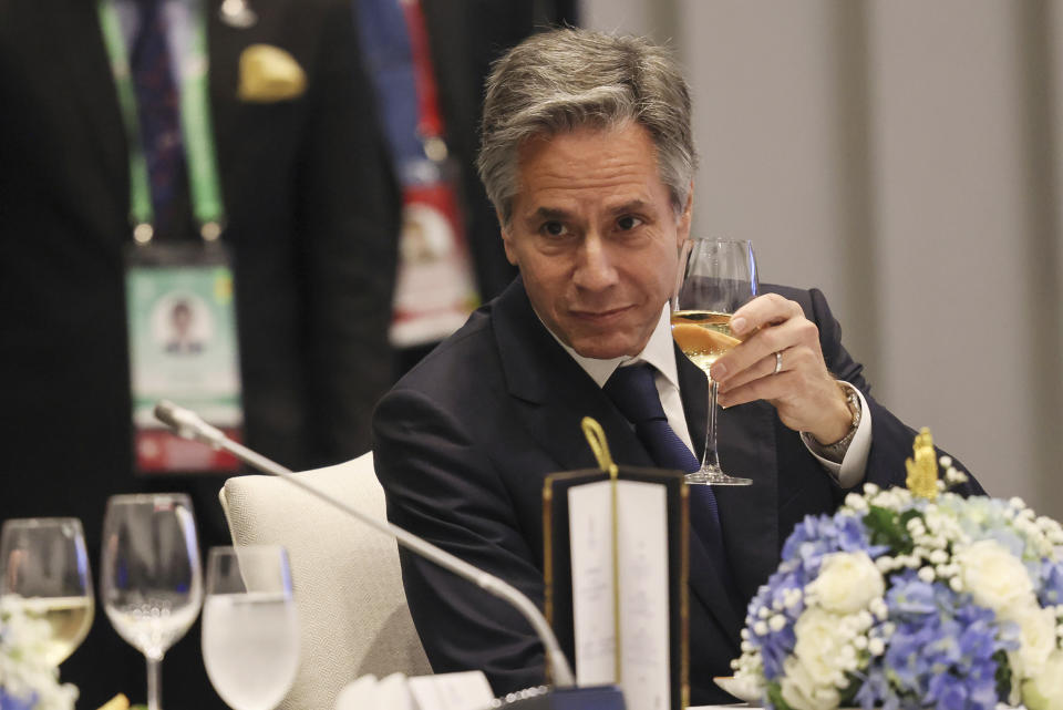 U.S. Secretary of State Antony Blinken raises his glass during a working lunch at the Asia-Pacific Economic Cooperation (APEC) summit Thursday, Nov. 17, 2022, in Bangkok, Thailand. (Jack Taylor/Pool Photo via AP)