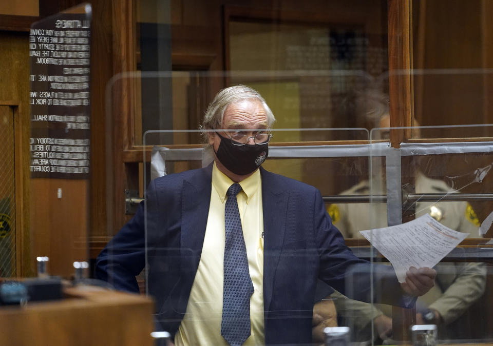 Defense attorney Steven A. Seiden pleads for a private client bail during the arraignment of several people arrested in connection with the theft of Lady Gaga's dog and shooting of her dog walker, Thursday, April 29, 2021, in Los Angeles. (AP Photo/Damian Dovarganes, Pool)