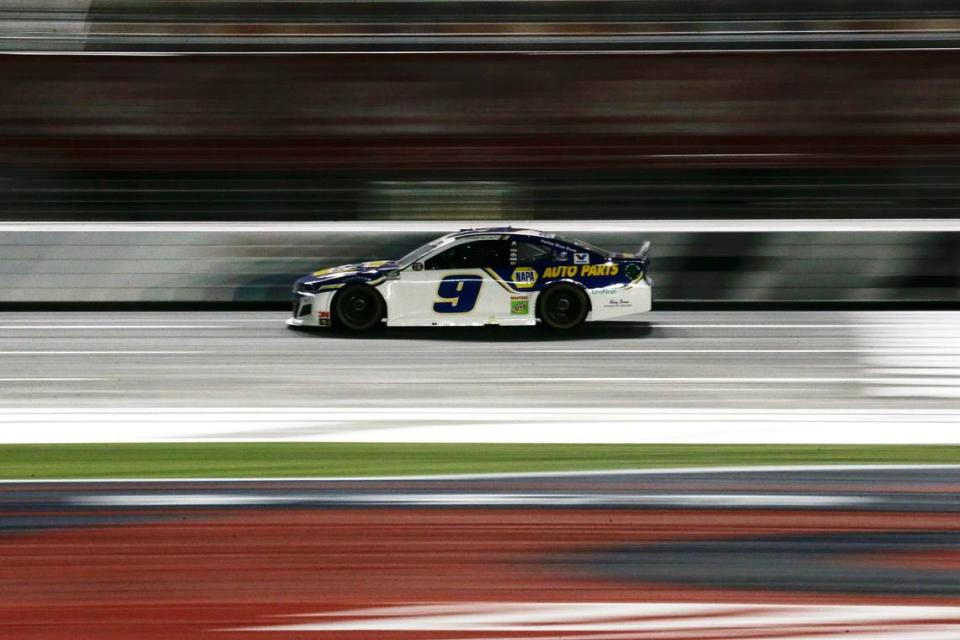 Chase Elliott drives during a NASCAR Cup Series auto race at Charlotte Motor Speedway Sunday. Elliott led in the final stages, but was undone by a late caution flag and a questionable decision to pit with two laps to go.