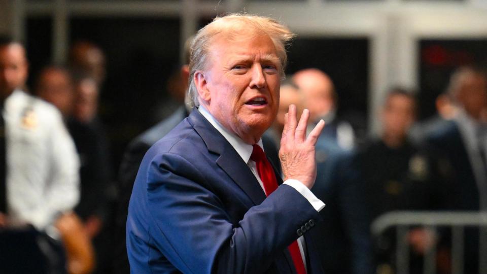 PHOTO: Former President Donald Trump speaks to the press at Manhattan Criminal Court, Feb. 15, 2024, in New York.  (Angela Weiss/AFP via Getty Images)