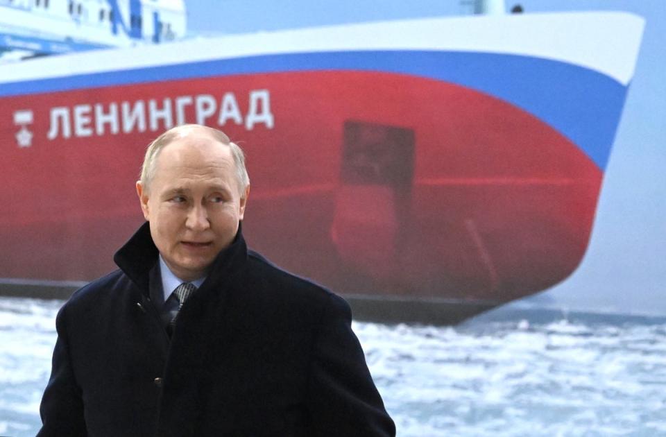 Russian President Vladimir Putin attends a keel laying ceremony for the 5th nuclear-powered icebreaker Leningrad (Project 22220) at the Baltiysky Shipyard in St. Petersburg (AP)