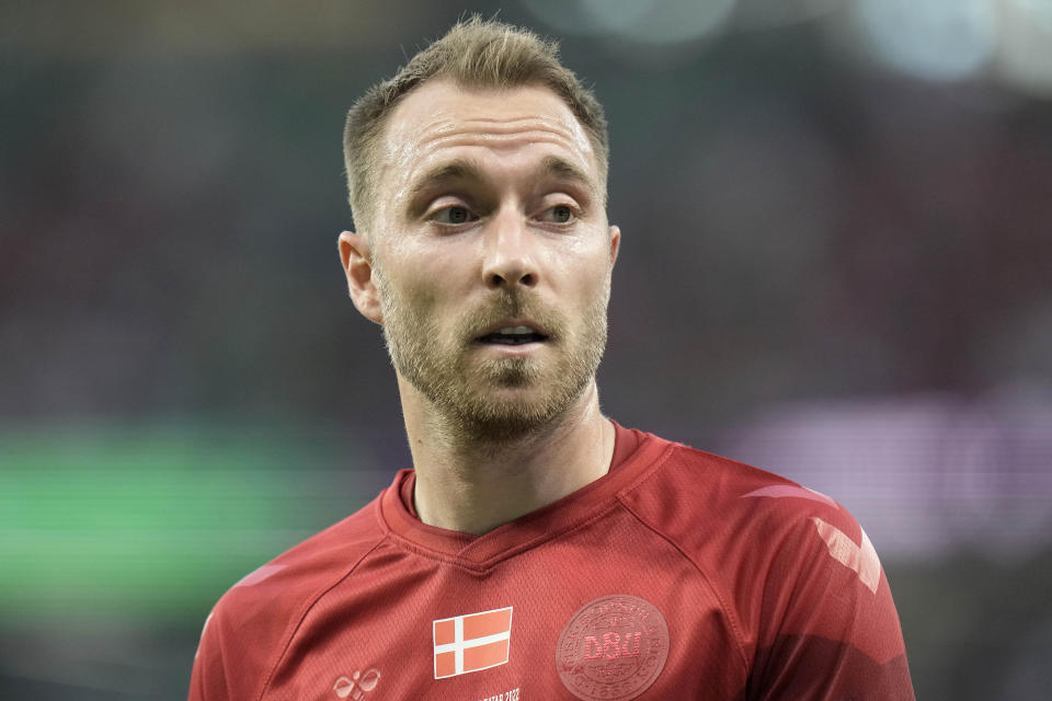 Denmark's Christian Eriksen looks on during the World Cup group D soccer match between Denmark and Tunisia, at the Education City Stadium in Al Rayyan , Qatar, Tuesday, Nov. 22, 2022. (AP Photo/Hassan Ammar)