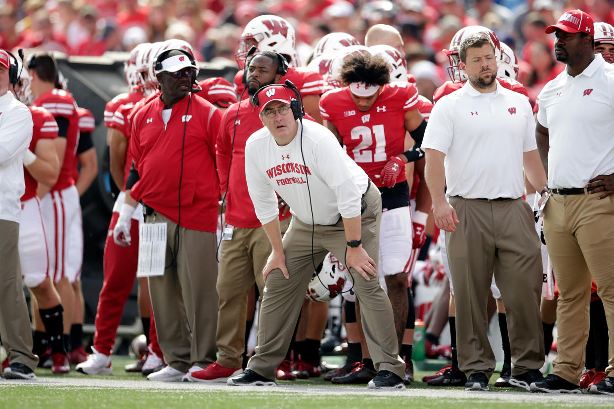 MADISON, WISCONSIN - OCTOBER 02: Wisconsin Badgers head coach Paul Chryst looks on in the fourth quarter against the Michigan Wolverines at Camp Randall Stadium on October 02, 2021 in Madison, Wisconsin. (Photo by John Fisher/Getty Images)