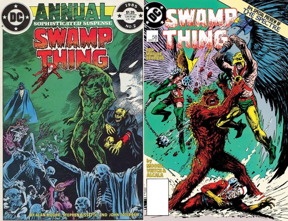 The covers of Swamp Thing Annual shows Swampy, Etrigan, Deadman, Phantom Stranger, and the Spectre; cover of Swamp Thing #58 shows Swampy fighting Hawkman and Hawkgirl.