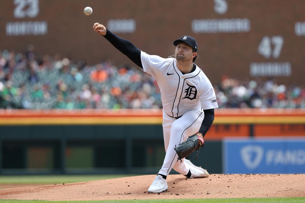 Casey Mize of the Detroit Tigers throws a first-inning pitch against the Miami Marlins at Comerica Park on Wednesday, May 15, 2024, in Detroit, Michigan.