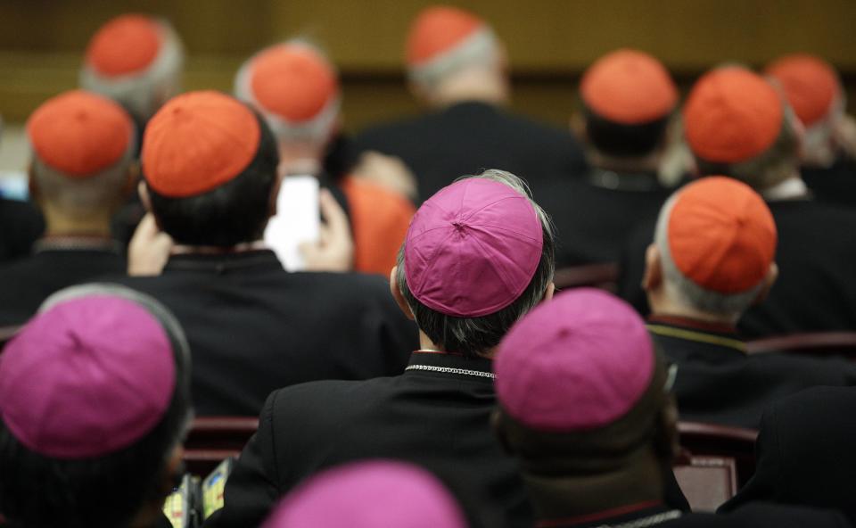 Bishops and cardinals attend a synod of bishops lead by Pope Francis in Paul VI's hall at the Vatican October 6, 2014. Pope Francis on Monday opened the Roman Catholic assembly that will discuss marriage, gay couples, birth control and other moral issues, telling his bishops to speak frankly and not be afraid of upsetting him. REUTERS/Max Rossi (VATICAN - Tags: RELIGION)