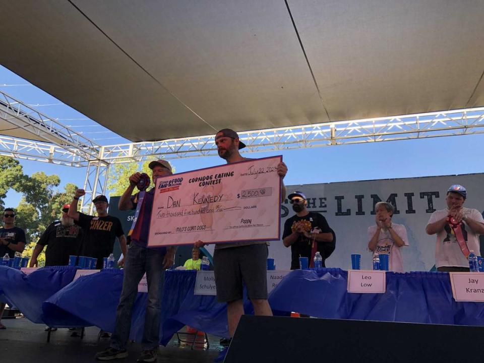 Dan Schuyler took first place and the $2,500 prize money in Milo’s Corn Dog competition at the California State Fair & Food Festival on Saturday, July 22, 2023.