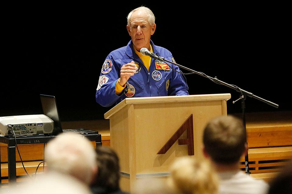 Col. Robert Springer gives his Space Talk hosted by the Ashland County Historical Society at Ashland High School's Little Theater on Thursday, March 10, 2022. Springer talked about his experiences on NASA space shuttles in 1989 and 1990.