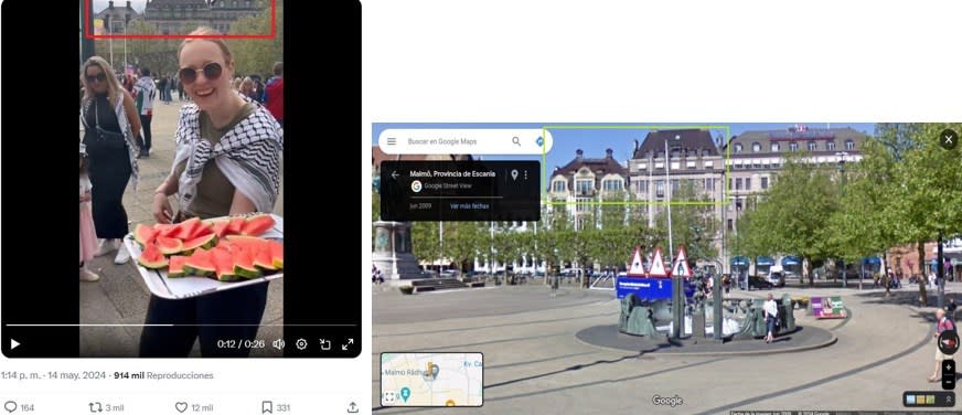 <span>Comparación entre capturas de pantalla del video viral (I) y la localización de la zona del la protesta en Google Maps, hecha el 24 de mayo de 2024 </span>