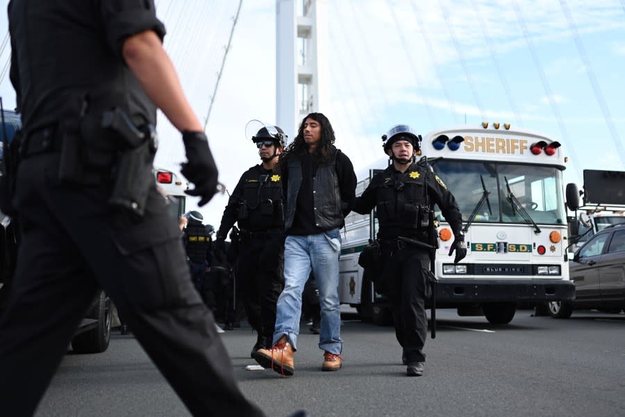 Police officers detain a protester blocking the San Francisco-Oakland Bay Bridge. (AP Photo/Noah Berger)