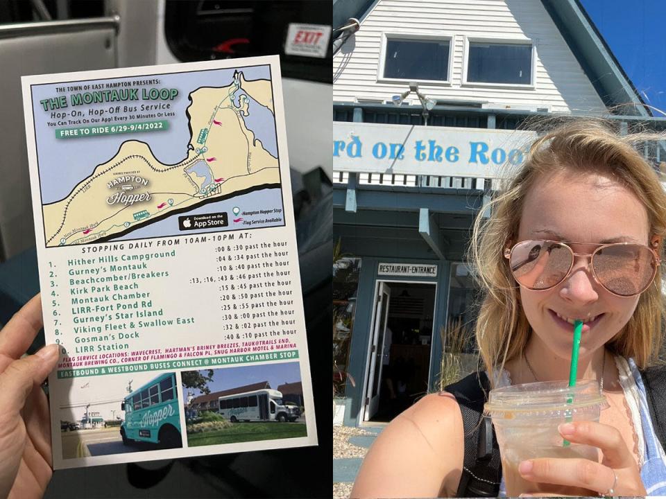 hamptons hopper map on left, molly smiling with drink on right