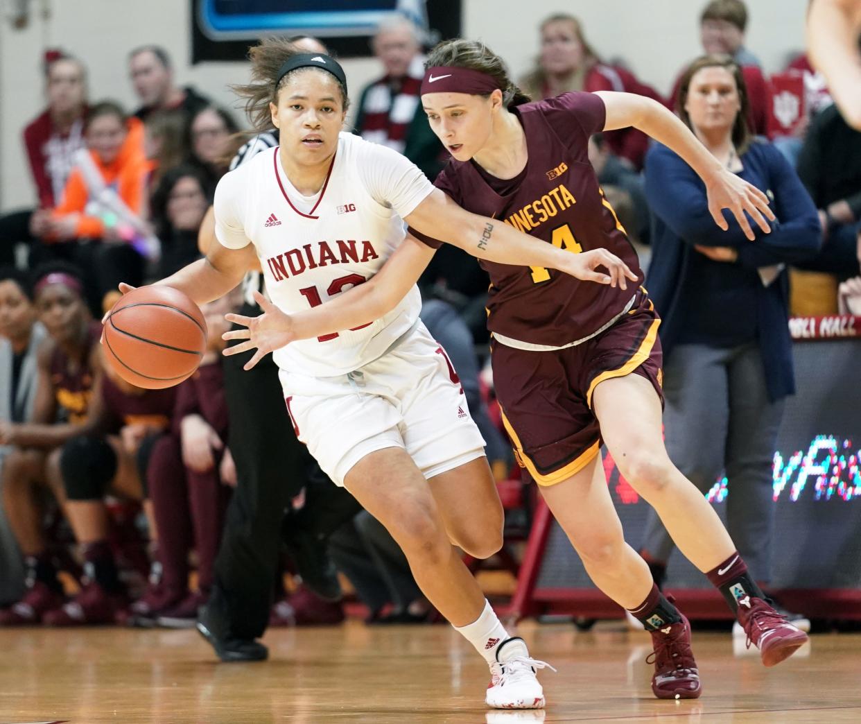 Indiana's Jaelynn Penn (13) is fouled by Minnesota's Sara Scalia (14) during the game against Minnesota at Simon Skjodt Assembly Hall in Bloomington, Ind., on Monday, Jan. 27, 2020.