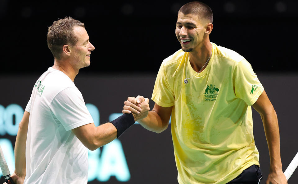 Lleyton Hewitt and Alexei Popyrin, pictured here at a Davis Cup team training session.