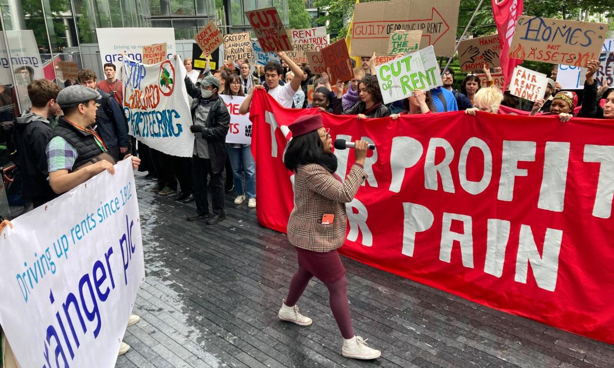<span>Members of the London Renters Union protest outside the offices of Grainger near Tower Bridge in London.</span><span>Photograph: Rob Booth/The Guardian</span>