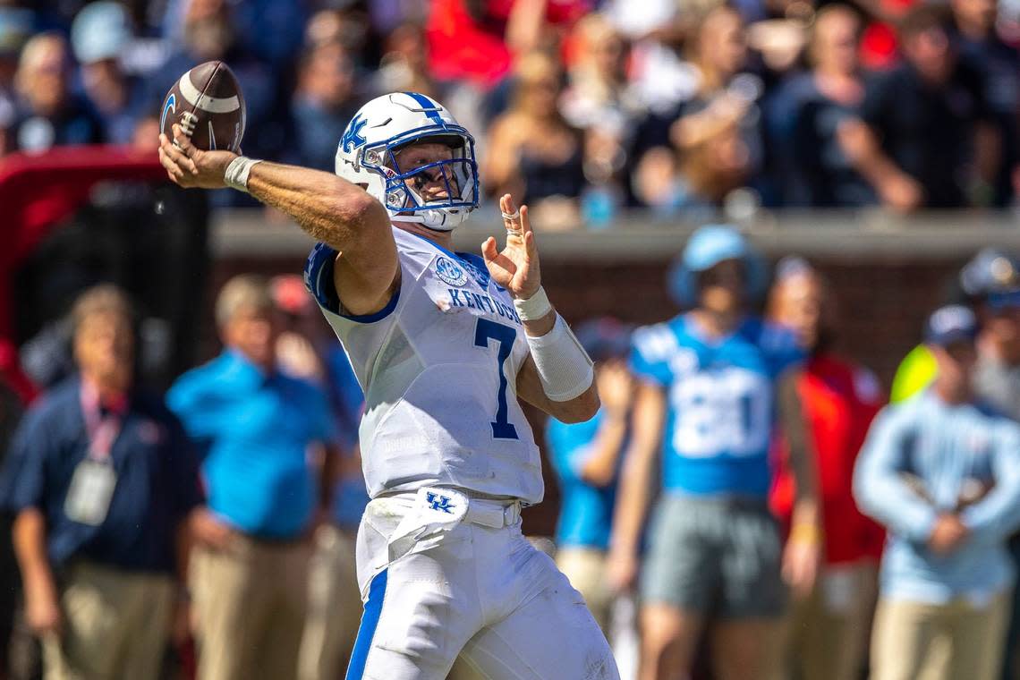 Kentucky quarterback Will Levis (7) is about to lead the Wildcats into a series of games, starting with Saturday night’s meeting with South Carolina, in which the opponents figure to be especially-motivated to beat UK.