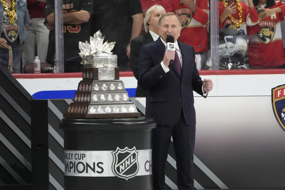 NHL commissioner Gary Bettman announces that Edmonton Oilers center Connor McDavid is the winner of the Conn Smythe Trophy after Game 7 of the NHL hockey Stanley Cup Final against the Florida Panthers, Monday, June 24, 2024, in Sunrise, Fla. The Panthers defeated the Oilers to win the Stanley Cup. (AP Photo/Marta Lavandier)