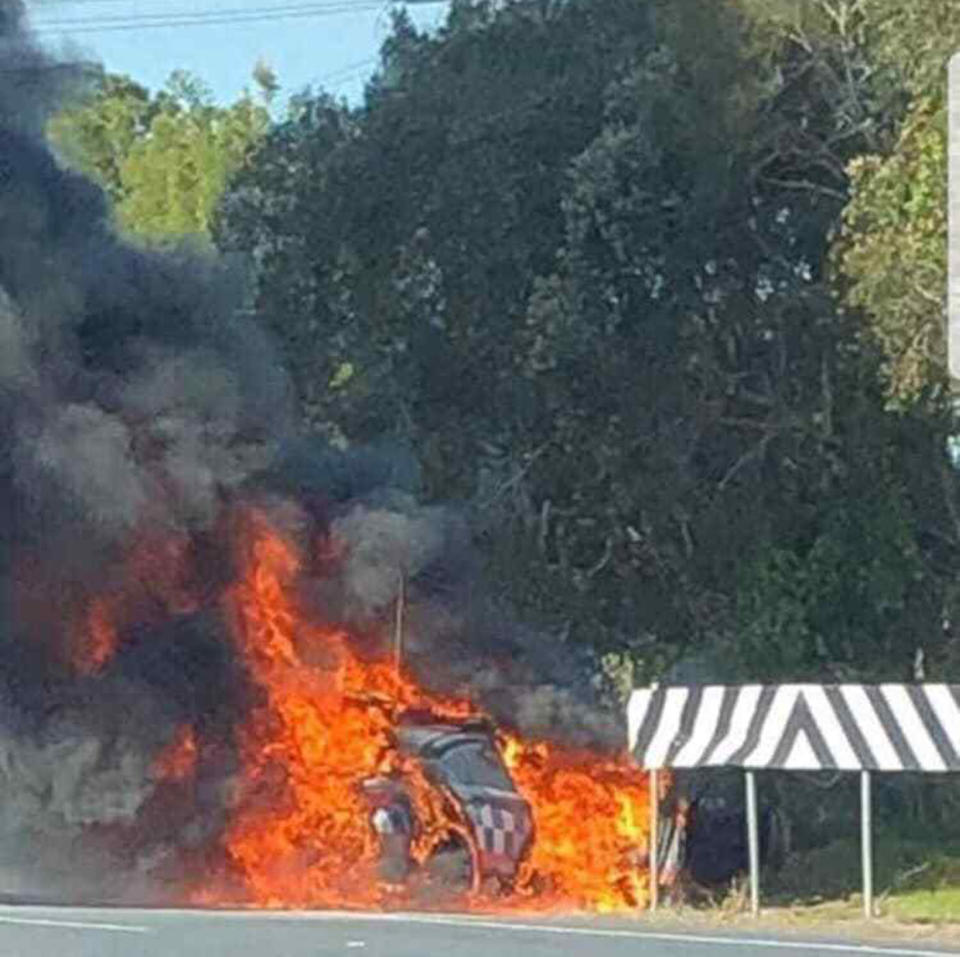 A police patrol car engulfed in flames following a pursuit near Tweed Heads. Source: Facebook / Jas Hotel