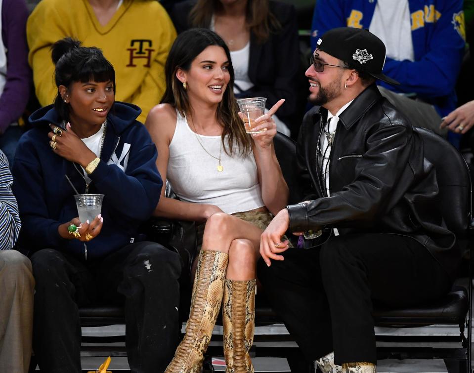 Kendall Jenner and Bad Bunny attend the Western Conference Semifinal Playoff game between the Los Angeles Lakers and Golden State Warriors at Crypto.com Arena on May 12, 2023, in Los Angeles.