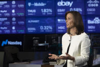 In this Wednesday, July 31, 2019, photo NASDAQ President and Chief Executive Officer Adena Friedman speaks during an interview at NASDAQ headquarters in New York. The U.S. stock market has thousands fewer companies to choose from, and that’s doing a disservice to regular investors, says Friedman. In a recent conversation with the AP, she discussed what’s behind the trend and how it could be exacerbating income inequality. (AP Photo/Mary Altaffer)