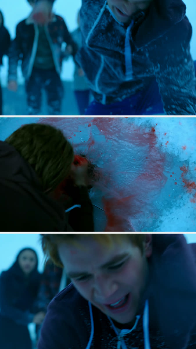 Three images show KJ Apa in a TV scene: fighting in the snow, pressed against the icy ground, and screaming in distress