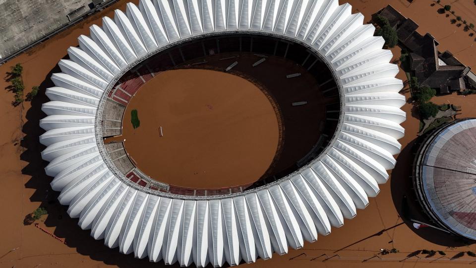 Aerial view of the flooded Beira-Rio stadium of the Brazilian football team Internacional in Porto Alegre, Rio Grande do Sul state, Brazil