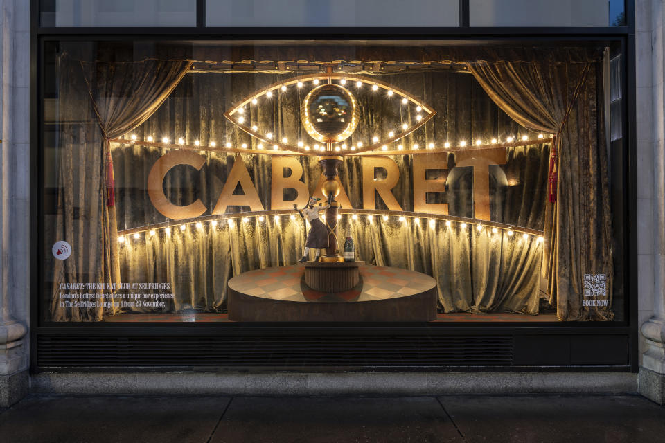 The 2023 Christmas windows at Selfridges, which is opening a version of the Kit Kat Club in collaboration with the West End production of “Cabaret.”