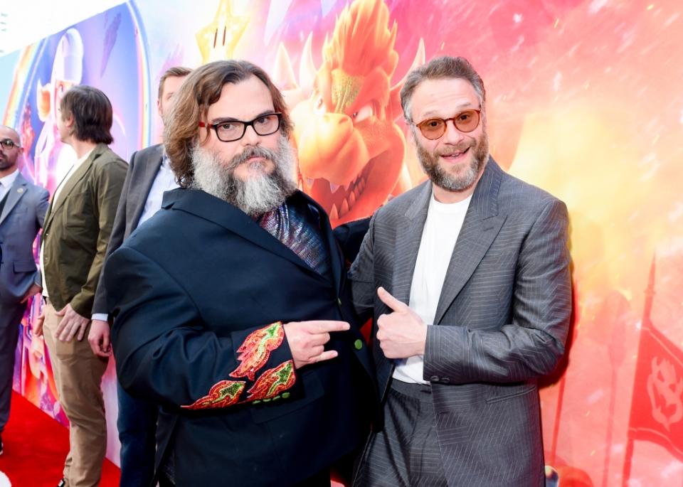 Jack Black and Seth Rogen at the premiere of "The Super Mario Bros. Movie" held at Regal L.A. Live on April 1, 2023 in Los Angeles, California.