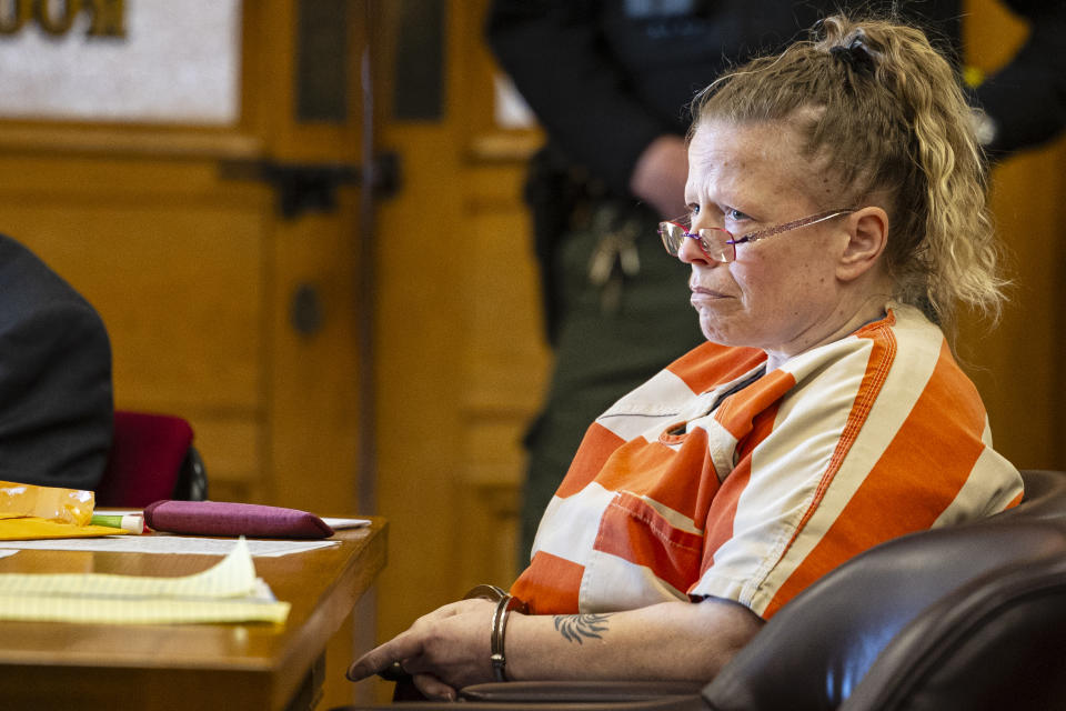 Mandy Benn appears for sentencing at Ionia County Courthouse in Ionia, Mich., Tuesday, Dec. 12, 2023. Benn struck bicyclists that were riding in a July 2022 fundraiser for Make-A-Wish Foundation. Two cyclists Edward Erickson, 48, of Ann Arbor, and Michael Salhaney, 57, of Bloomfield Hills, died from the crash. (Joel Bissell/MLive.com/Kalamazoo Gazette via AP)