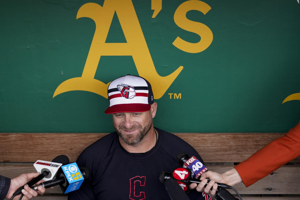 Cleveland Guardians manager Stephen Vogt speaks to reporters before the team’s baseball game against the Oakland Athletics, Thursday, March 28, 2024, in Oakland, Calif. (AP Photo/Godofredo A. Vásquez)