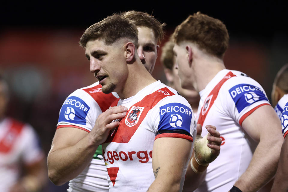 WOLLONGONG, AUSTRALIA - JULY 07:  Zac Lomax of the Dragons celebrates with team mates after scoring a try during the round 19 NRL match between St George Illawarra Dragons and Canberra Raiders at WIN Stadium on July 07, 2023 in Wollongong, Australia. (Photo by Matt King/Getty Images)