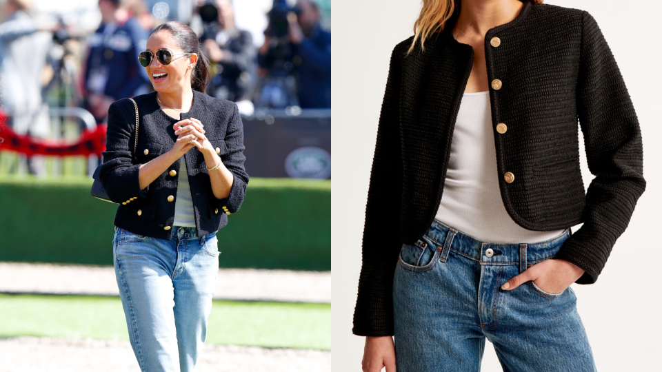 Meghan Markle on April 16, 2022, in The Hague, Netherlands and Abercrombie's Collarless Tweed Jacket (Photos via Getty & Abercrombie).