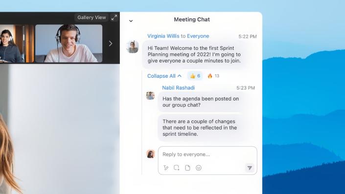 Screenshot of Zoom&#39;s new threaded replies and emoji reactions.