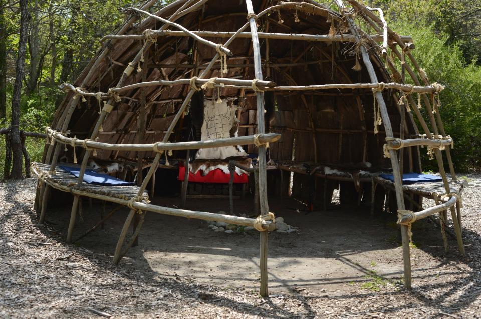 A wetu is under construction on the grounds of the Historical Society of Old Yarmouth, made by Mashpee Wampanoag Tribe member Marcus Hendricks.