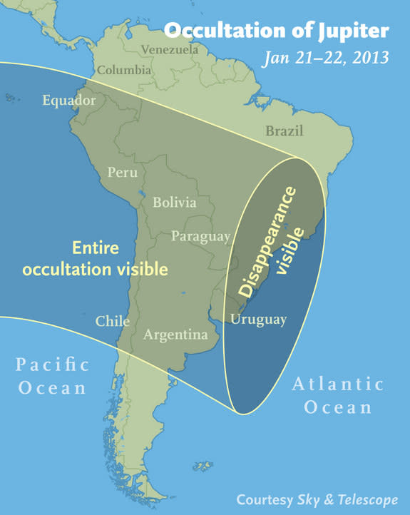 What appears north of the equator as a close conjunction between Jupiter and the moon on Jan. 21, 2013, becomes a full occultation in South America. In most of the occultation track, Jupiter passes behind the moon and re-emerges. But within the