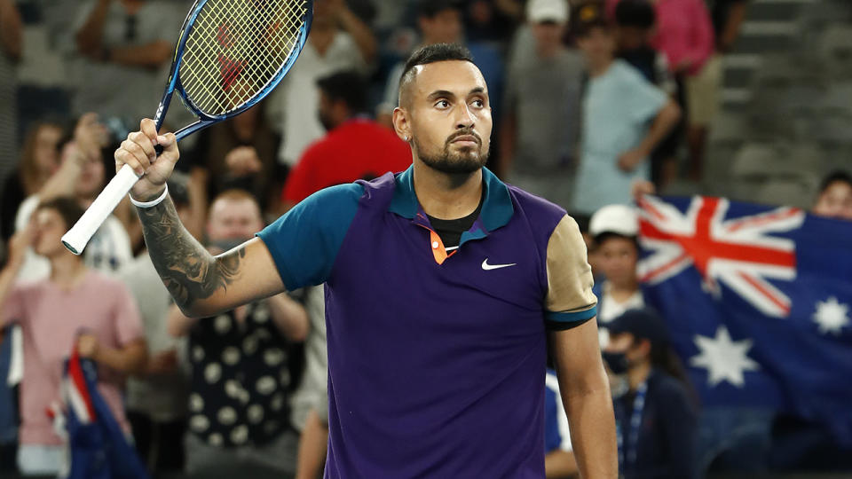 Nick Kyrgios celebrates after winning his second round match against Ugo Humbert of France during day three of the 2021 Australian Open. (Photo by Darrian Traynor/Getty Images)