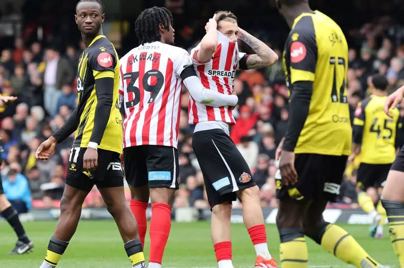 Jack Clarke of Sunderland reacts after he sees his shot go just wide against Watford