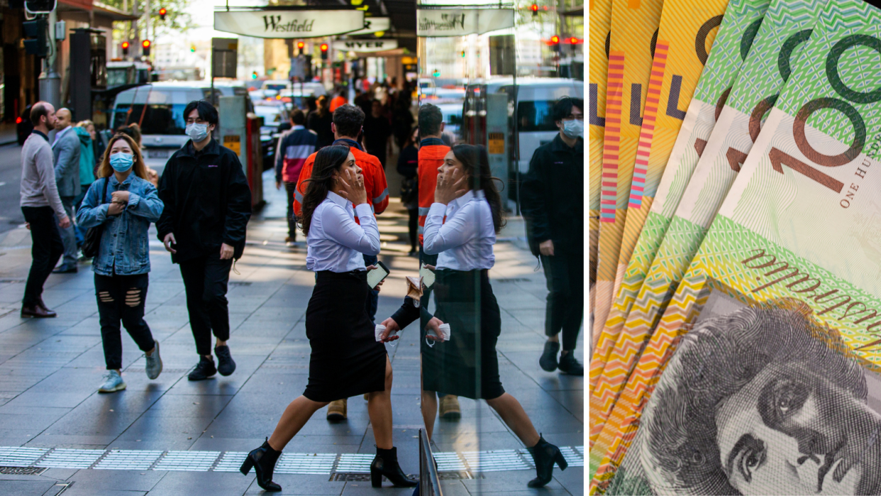 Woman walking to work in the city. Australian money notes. Income equality concept.