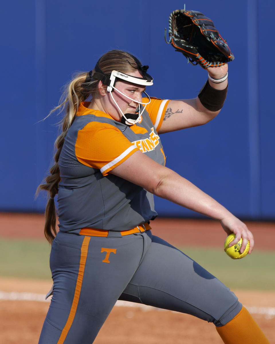 Tennessee's Ashley Rogers pitches against Oklahoma State during the third inning of an NCAA softball Women's College World Series game Sunday, June 4, 2023, in Oklahoma City. (AP Photo/Nate Billings)