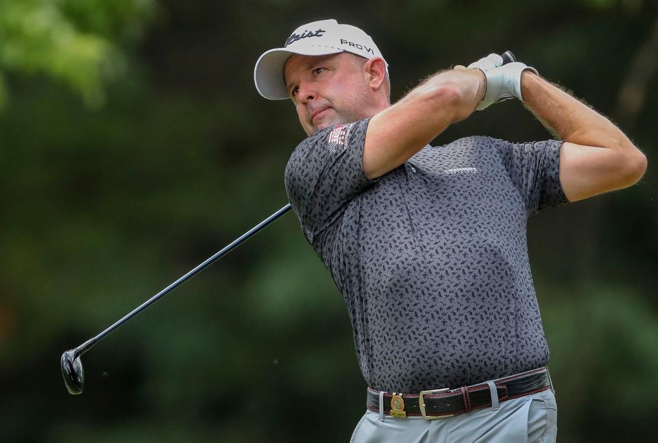 Rob Labritz holds his follow-through after hitting his tee shot on the 11th hole during the final round of the 2023 U.S. Senior Open on Sunday, July 2, 2023, at SentryWorld in Stevens Point, Wis. Labritz finished the tournament tied for 4th place at 2-under par.Tork Mason/USA TODAY NETWORK-Wisconsin 