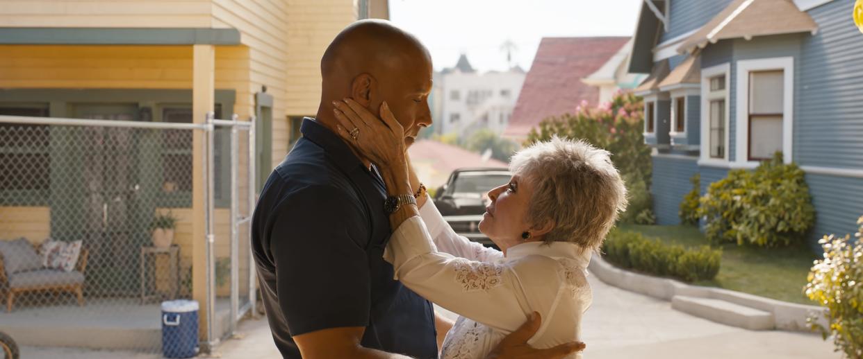 Dom (Vin Diesel) shares a moment with his grandma (Rita Moreno) in "Fast X," the latest installment of the action-movie franchise.