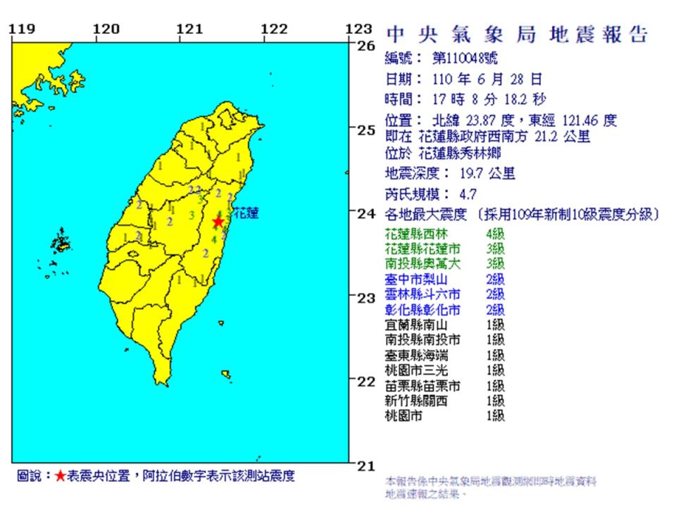花蓮地震 芮氏規模4.7