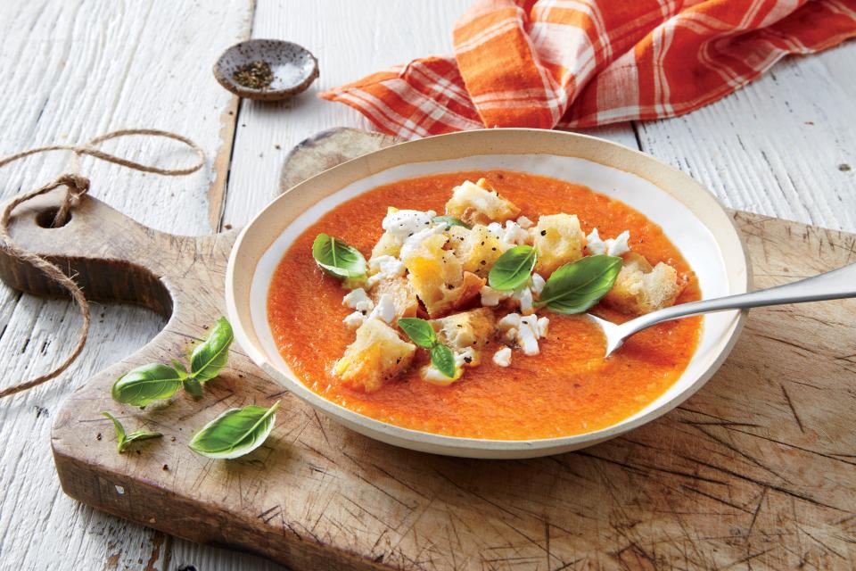 Roasted Tomato-Eggplant Soup with Garlic Croutons