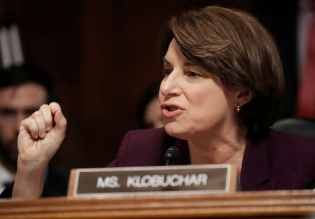 FILE PHOTO - U.S. Senator Amy Klobuchar (D-MN) speaks during a Senate Judiciary Committee meeting to vote on the nomination of Judge Brett Kavanaugh to be a U.S. Supreme Court associate justice on Capitol Hill in Washington, U.S., September 28, 2018. REUTERS/Jim Bourg