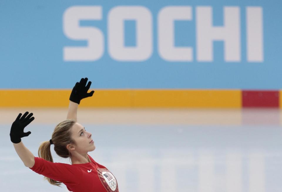 Ashley Wagner, of the United States, skates at the figure stating practice rink ahead of the 2014 Winter Olympics, Wednesday, Feb. 5, 2014, in Sochi, Russia. (AP Photo/Ivan Sekretarev)