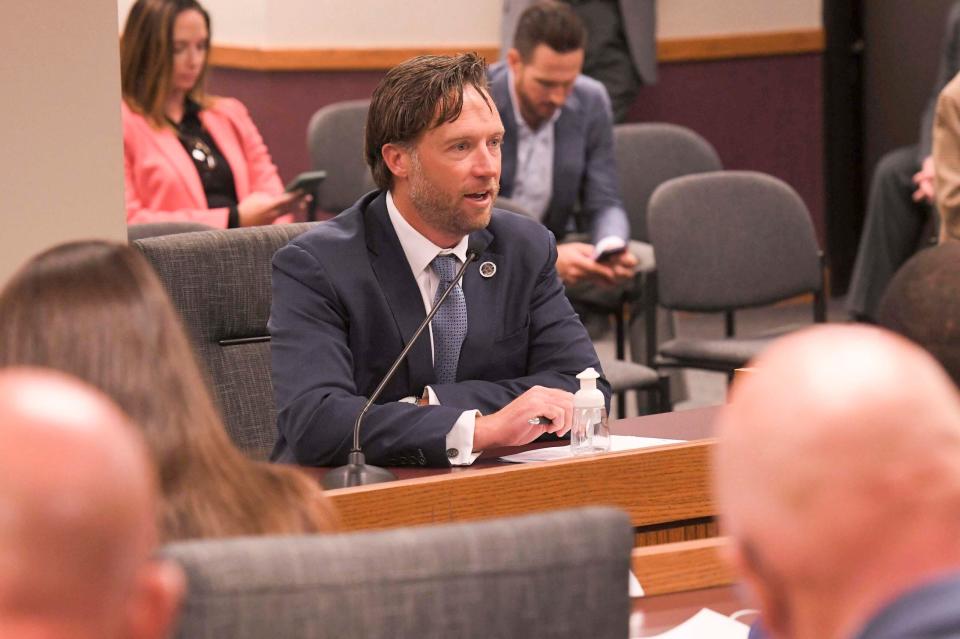 Sen. Lincoln Hough, R-Springfield, presents the Senate-passed tax cut bill to the House Budget Committee in September 2022 during a special session.