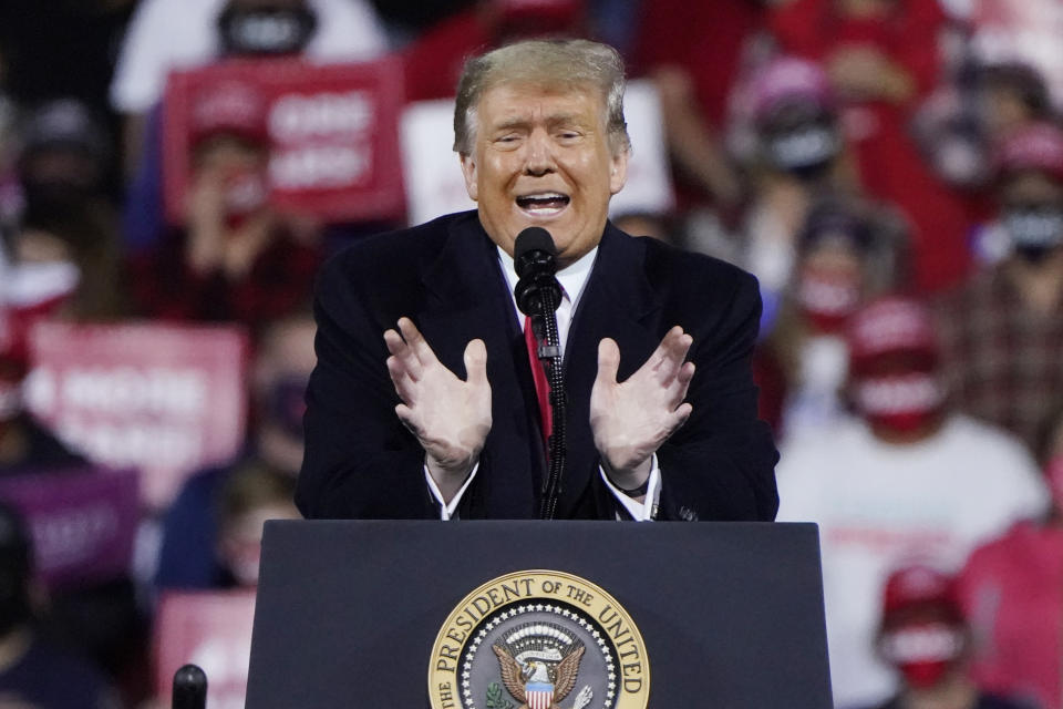 President Donald Trump speaks at a campaign rally, Saturday, Sept. 19, 2020 at the Fayetteville Regional Airport in Fayetteville, N.C. (AP Photo/Chris Carlson)