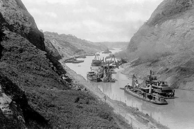 Construction of the Panama Canal, looking north at Gold Hill, from the Cucaracha Slide ca. 1912. On September 7, 1977, President Carter and Panamanian leader Omar Torrijos signed a treaty to transfer control of the Panama Canal from the United States to Panama. File Photo by Library of Congress/UPI