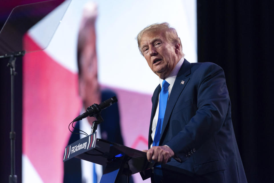 FILE - Former President Donald Trump speaks during the Pray Vote Stand Summit, Friday, Sept. 15, 2023, in Washington. (AP Photo/Jose Luis Magana, File)