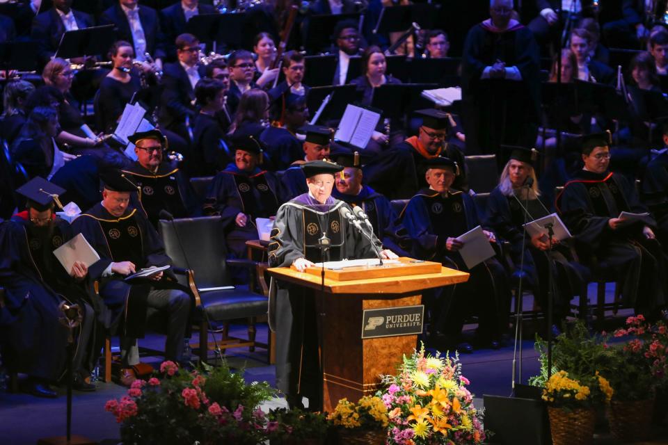President of Purdue University, Mitch Daniels, begins Purdue University's 2022 Spring Commencement on May 13, 2022.