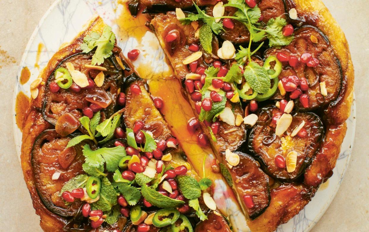 Sticky aubergine, pomegranate and herb tart